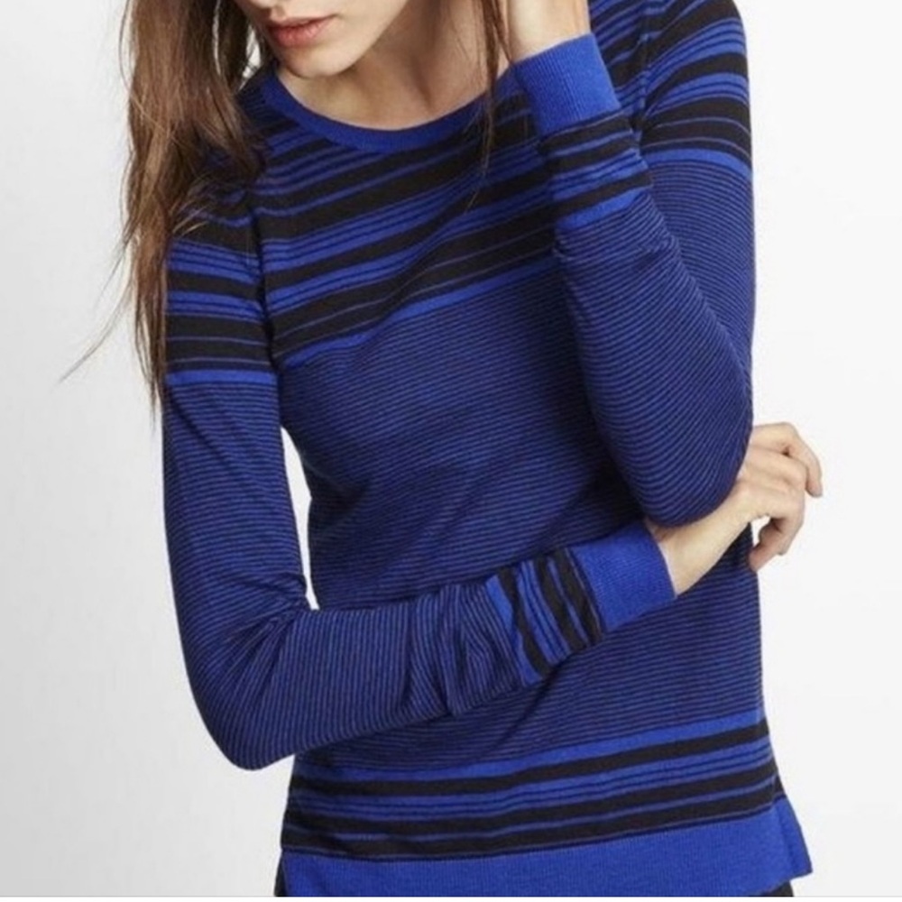 Vince Blue and Black Striped Crew Neck Sweater